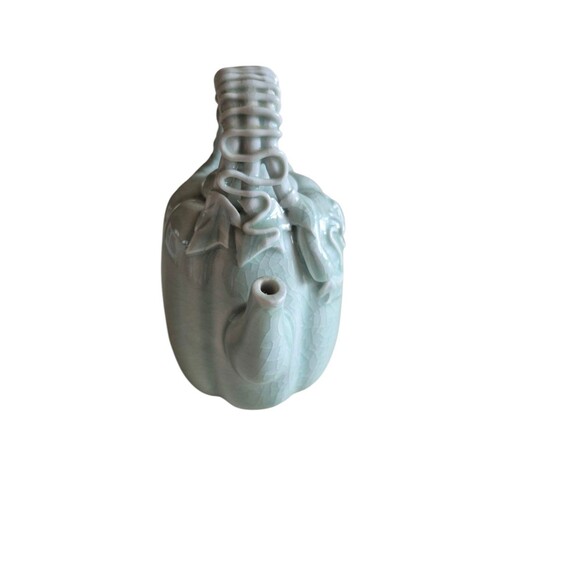 Chinese VTG Porcelain Crackle Celedon Glazed Pumpkin Squash Leaf Tea Pot Kettle - Picture 4 of 5